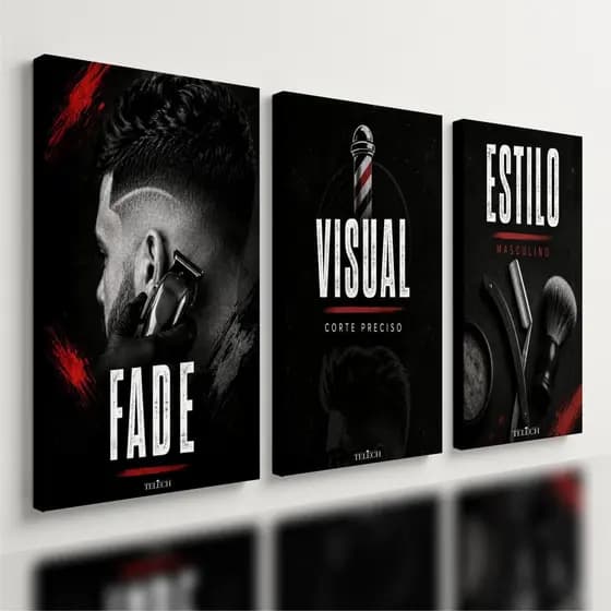 Kit 3 Quadro Decorativo Barbearia Barbeiro Cabelo Luxo est3