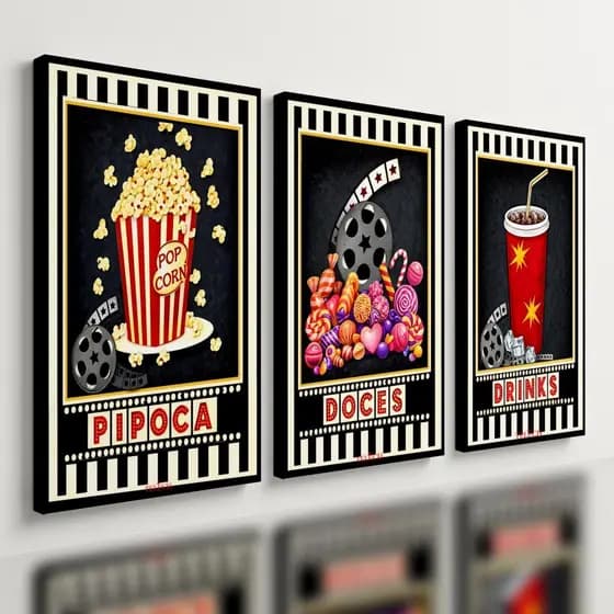 Kit 3 Quadro Decorativo para Cinema Pipoca Moderno Filme Qualidade Premium