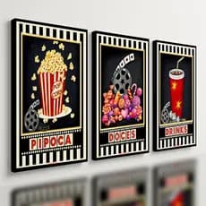 Kit 3 Quadro Decorativo para Cinema Pipoca Moderno Filme Qualidade Premium