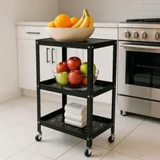 Carrinho Auxiliar Fruteira de Inox – com 3 Andares Multiuso e Rodinhas - Cor Preto