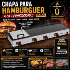 Chapa de Hamburguer Lanches Profissional A Gas 97x30 cm Com Abafador Prensa 4 Queimadores Gaveta