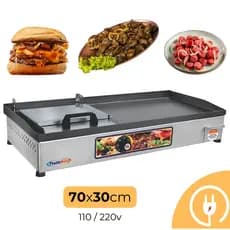 Chapa de Hamburguer Profissional Elétrica com Abafador Prensa 70x30 cm 110V 220V Chapeira para Lanches Porções Pratic