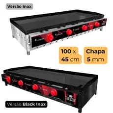 Chapa de Hamburguer Profissional A Gas 100x45 Com 5mm e 4 Queimadores Individuais Chapeira para Lanches Porções