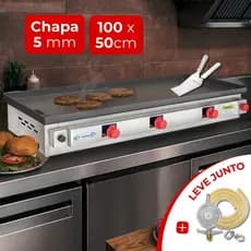 Kit Chapa de Hamburguer Profissional A Gas 2,5 e 5mm Chapeira para Lanche Pratic Metal + Registro