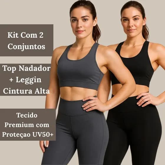 Kit 2 Conjuntos Fitness Feminino – Top + Calça Suplex Levanta Bumbum com Proteção Solar UPF50+