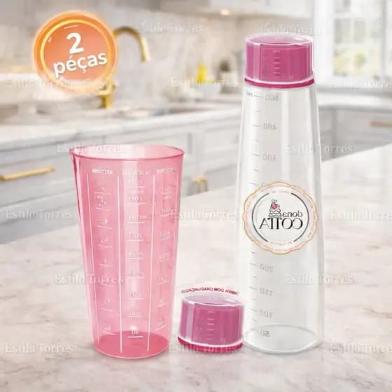 Regador de Massa para Bolo 500ml + Copo Medidor 570ml Rosa BPA Free Kit Confeitaria
