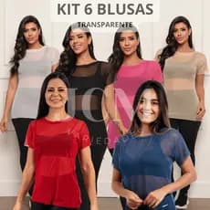 Kit 6 Blusa Feminina Transparente de Tule Manga Curta Camiseta Academia Treino