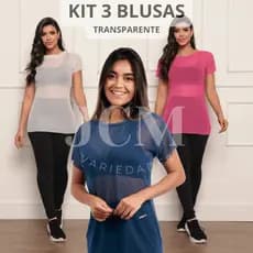 Kit 3 Blusa Feminina de Tule Transparente Camiseta Manga Curta Academia Treino