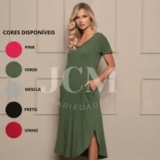 Vestido Feminino Midi com Bolso Viscolycra Camisão Saruel Gola V