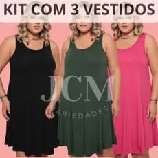 kit 3 Vestido Plus Size Feminino Regata Curto em Viscolycra Liso e Elegante