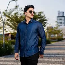 Camisa Jeans Masculina Manga Longa Slim Fit Casual Confort谩vel Algod茫o Premium Estilo Moderno
