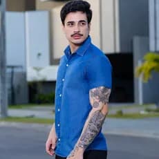 Camisa Jeans Masculina Manga Curta Slim Fit Casual Confort谩vel Resistente Premium Estilo Moderno