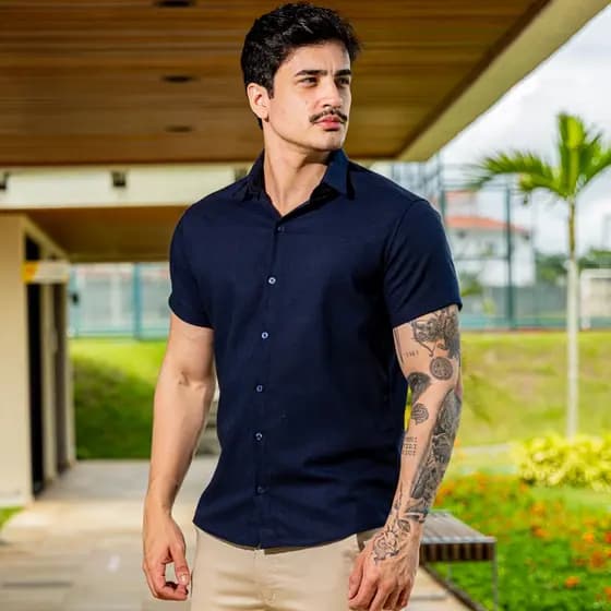 Camisa Social Masculina Linho Manga Curta Slim Fit Elegante Confort谩vel Respir谩vel Moda