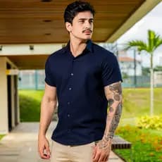 Camisa Social Masculina Linho Manga Curta Slim Fit Elegante Confort谩vel Respir谩vel Moda