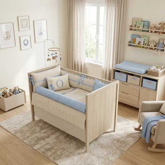 Kit Berço Americano Menino bita palha com azul bb 11 Peças Algodão