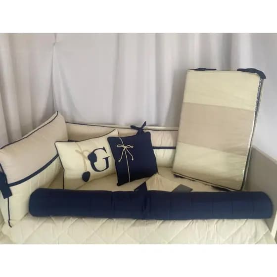 Kit Berço Americano Menino Safari Bita Com Almofada de Letra azul marinho 11 Pçs Algodão