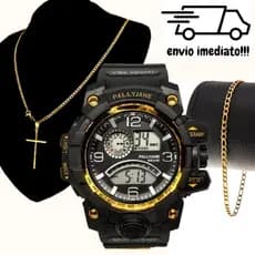 Kit Relógio Masculino Digital Esportivo + Corrente Cruz e Pulseira – Presente Masculino Luxo