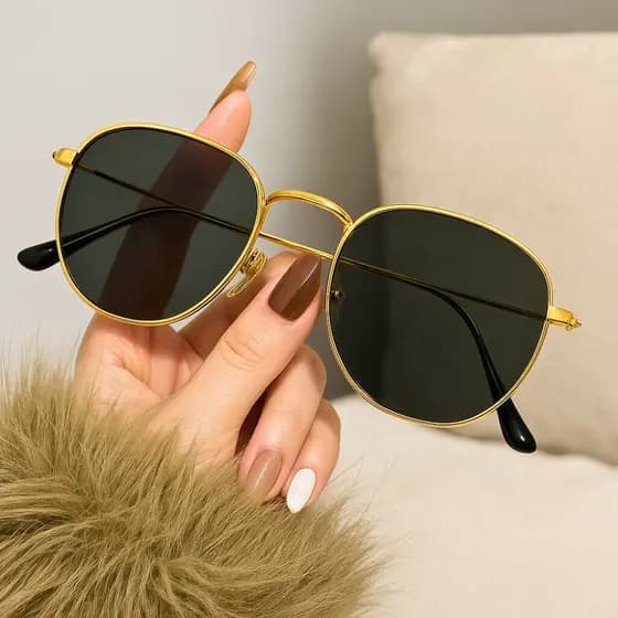Óculos De Sol Feminino Hexagonal Retrô Lente Verde Preto Marrom Proteção UV400 Estiloso