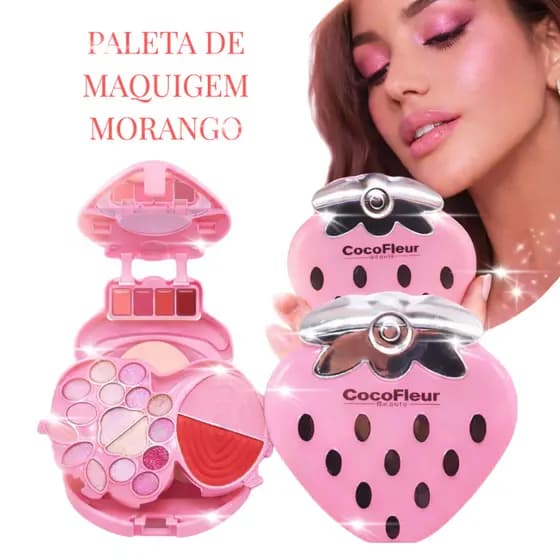 CocoFleur Paleta de Maquiagem Multifuncional Morango 3 Camadas com Blush, Sombra, Iluminador, Batom, Espelho e Esponja