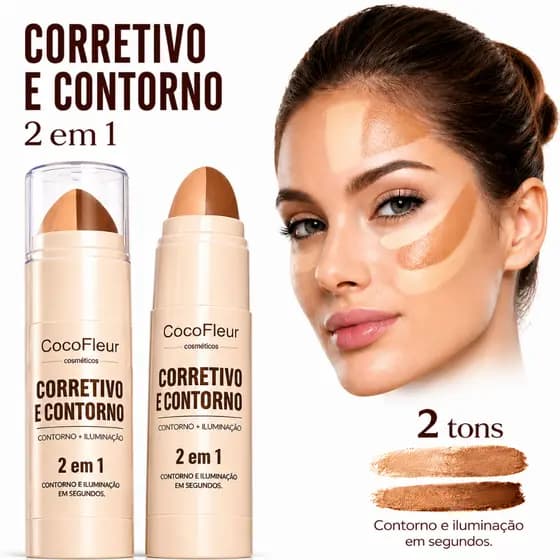 CocoFleur Corretivo e Contorno 2 em 1 Stick Facial Alta Cobertura, Iluminação e Contorno Profissional Fácil Aplicação
