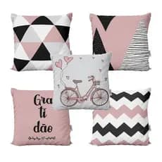 Kit 5 Capas de Almofadas Rosa e Preto Decorativas Gratidão Bike Love Para Sofá 40x40 - VaiPraMix