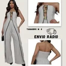 Macaquinho Longo Feminino Tomara que Caia Lastex Cintura Marcada Calça Wide Leg M-G
