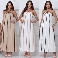 Vestido Longo Fluído Listrado de Amarrar No Pescoço Fresquinho Verão