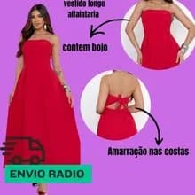 Vestido Longo Elegante Vermelho Tubo Acinturado Tomara Q Caia com Bojo e Lastex Decote Nas Costas