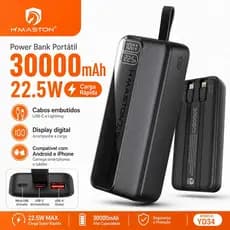H'MASTON Power Bank Carregador Portátil 30000mAh 22.5W Carga Rápida com Cabos USB-C e Lightning Display Digital