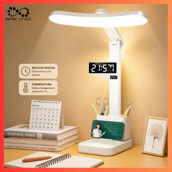 Luminária De Mesa Relógio Touch Recarregável Multifuncional Porta Canetas Dobrável Para Escritório, Casa