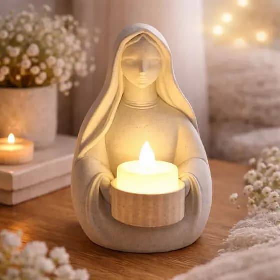 Escultura Nossa Senhora Virgem Maria Decorativa Porta Vela LED | Decoração Religiosa Moderna para Sala e Quarto Presente