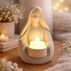 Escultura Nossa Senhora Virgem Maria Decorativa Porta Vela LED | Decoração Religiosa Moderna para Sala e Quarto Presente