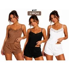 Kit com 3 Pijamas Femininos Verão | Short Doll Canelado com Renda