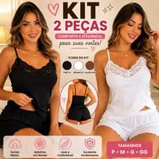 Kit com 2 Pijamas Femininos Verão | Short Doll Canelado com Renda