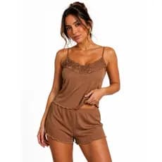 Pijama Feminino Verão Short Doll Canelado com Renda | Confortável