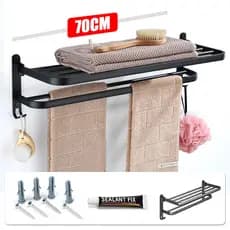 Porta Toalha Retrátil com Ganchos - Aço Inox 304 70cm Sem Furos e Adesivo Forte
