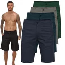 Bermuda Short Masculina Casual Tactel Grosso  Cós Liso com Bolsos Faca Fecho de Velcro e Botão Cordão de Regulagem