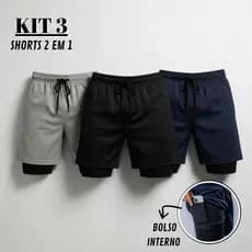 Kit 3  Shorts Masculino 2 em 1 Fitness Bermuda Treino Com Bolso Interno para Celular