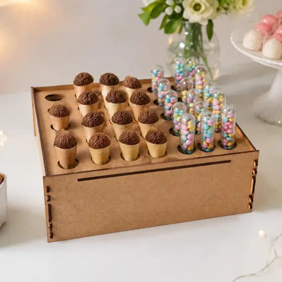 Suporte Porta Cones e Tubetes MDF Cru 25x25cm Organizador Mesa Festa Lembrancinhas Decoração Eventos Expositor Doces