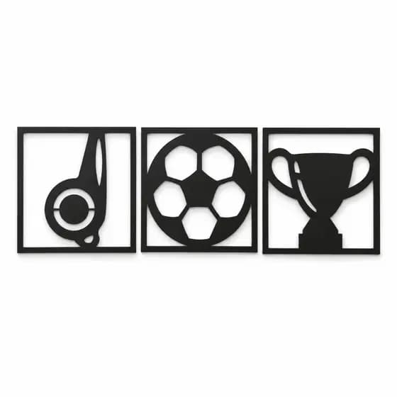 Kit 3 Quadros MDF Futebol Preto 3mm Bola Apito Troféu Decoração Sala Quarto 30x30