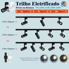 Trilho Eletrificado LED 7W a 30W Cor Preto Branco Bivolt Kit 2M+6Spots/8Spots/10Spots e 1 I Conector