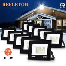 Kit 10 Refletor Super LED 100W Holofote Bivolt Prova Dágua IP66 Luz Frio 6500K  Alumínio Fundido