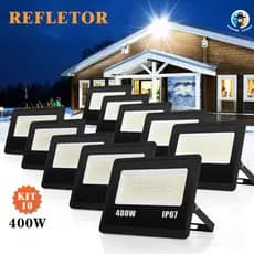 Kit 10 Refletor Super LED 400W Luz Frio 6500K 8-10m Alcance 75m² Preto IP67 Alta Eficiência 110-265V