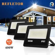 Kit 3 Refletor Super LED 400W Luz Frio 6500K Preto IP67 Alta Eficiência 110-265V