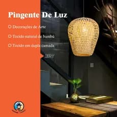 Luminária de Teto Rústica em Fibra de Rattan, Diâmetro de 24cm, Opção com ou sem Lâmpada T64
