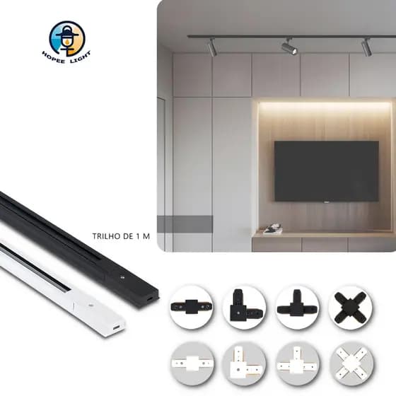 1 Metro de Trilho Eletrificado + 4 Conectores (Tipos I/L/X/T) – Opção de Cor Preto ou Branco