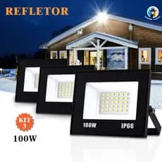 Kit 3 Refletor Led 100w Holofote Bivolt Prova Dágua IP66 Luz Frio 6500k Economia Energia Alto Brilho