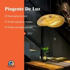 Luminária de Teto Rústica em Fibra de Rattan Diâmetro de 52cm Opção com ou sem Lâmpada T64
