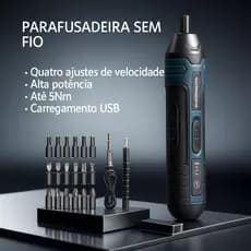 Parafusadeira Elétrica Recarregável com LED + Kit de Pontas 4 Velocidades 1300mAh USB – Preta e Azul