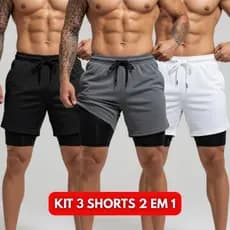 Roupa Masculina: Kit 3 Bermuda Masculina 2 em 1 para Academia - Short Masculino com Proteção UV